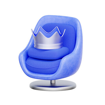 3D illustration of lounge armchair with royal crown for VIP leadership, premium access, executive position, success milestone, and top tier membership.
