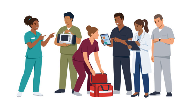 Group of medical doctors and nurses collaborating in a hospital, healthcare professionals teamwork, emergency care, clinical support, patient