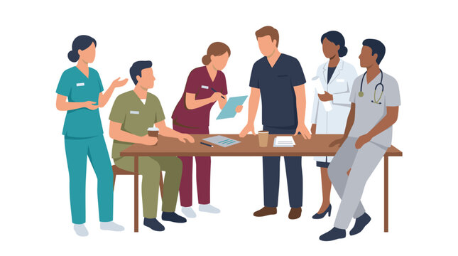 diverse healthcare professionals in scrubs discussing medical charts around table, collaboration, team meeting, hospital staff cooperation, clinical