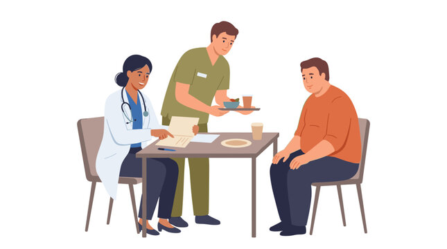 Doctor and nurse consulting with overweight patient regarding healthy nutrition, diet plan consultation, medical lifestyle advice, metabolic health