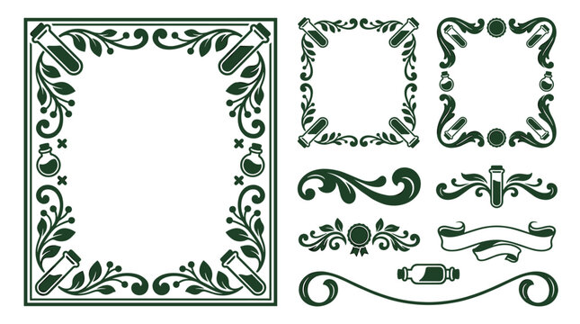 Set of decorative floral botanical frames and ornamental flourishes in dark green, laboratory vials, elegant border elements for vintage invitation