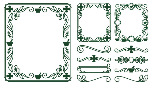 Set of decorative pharmaceutical border frames, medical cross and mortar pestle ornaments, vintage herbal floral dividers, framing elements for