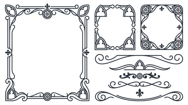 Set of decorative vintage frames and ornaments with ornate scrollwork details, victorian style borders, luxury classic flourish elements for