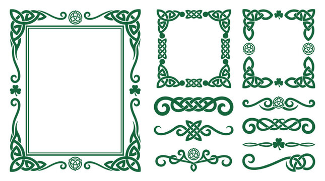 Set of decorative celtic knotwork frames and ornate dividers, elegant green flourish border elements, vintage page ornamentation, historical framing