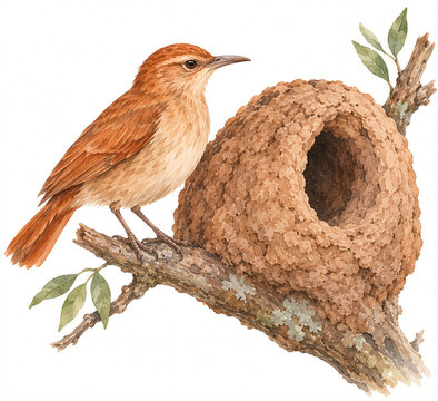 Hornero Bird and Mud Nest Watercolor Illustration