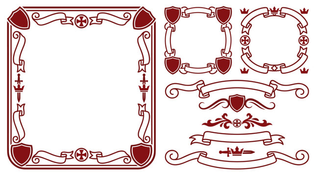 Set of decorative heraldic frames, scrolls, and ribbon elements with shields and crosses for invitation cards, vintage border design, medieval style