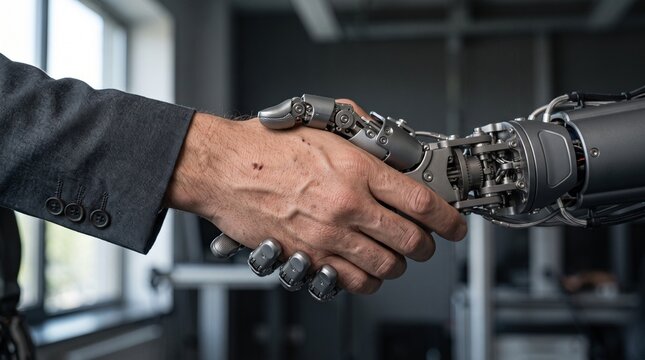A professional human hand shaking hands with a metallic robotic hand, representing a successful partnership between humans and new technology.