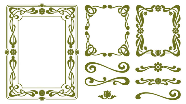 Set of decorative floral borders, rectangular frames and ornate dividers in vintage art nouveau style, elegant scrollwork flourishes for invitations