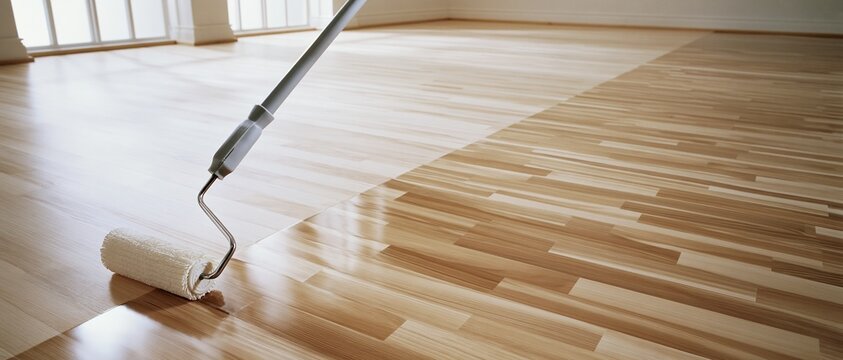 Applying protective finish to a newly sanded wooden floor with a roller for renovation