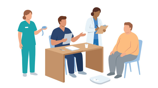medical consultation scene with doctor and patient, healthcare professional evaluating overweight person, diagnostic exam, obesity management
