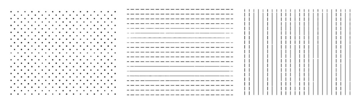 Cad hatch pattern set including dots, dashed horizontal and vertical line variants for architectural technical drafting and blueprint section styling