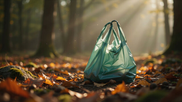 A green plastic bag discarded on the forest floor among fallen autumn leaves in sunlight with abandoned ground covered decaying leaves sunlit sits abandoned with ecology