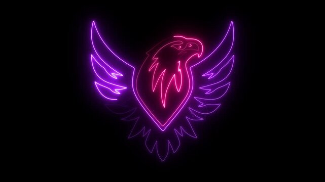 Neon eagle logo with pink and purple glowing lines on black background 4k video.