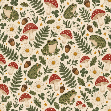 Vintage Frogs Mushrooms and Forest Botanicals Seamless Pattern