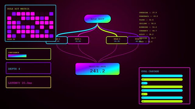 Three screens displaying dynamic pricing algorithms showing fluctuating data metrics with glowing purple and cyan interface elements in a dark digital space for financial market analysis