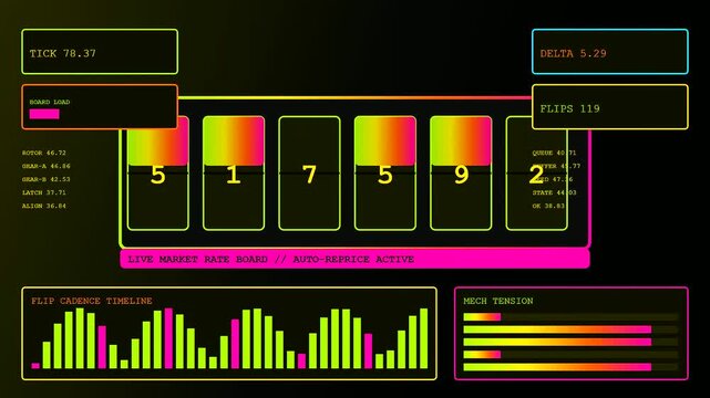 A digital dynamic pricing interface displays changing numerical values and fluctuating color bars within a modern software application designed for tracking live financial market trends