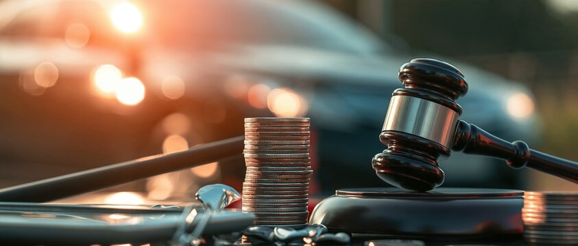 Legal gavel and stack of coins on desk with blurred car and sunset background, representing justice and financial litigation