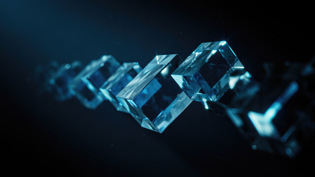 Transparent glowing blue cubes floating in a sequence against a dark black background with series translucent glass diagonal line against edges float diagonal