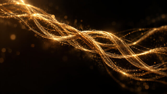 Golden light wave flows in dark background creating ritual of biofeedback energy with glowing particles and elegant abstract movement