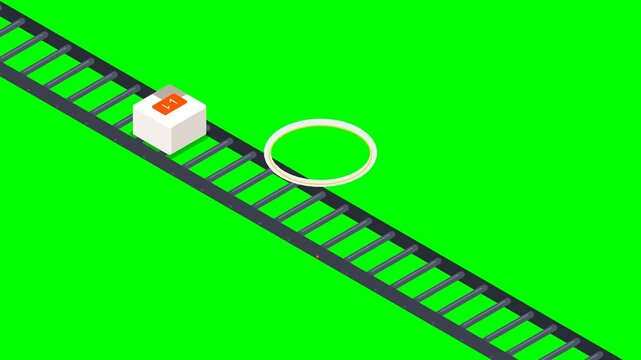 Chunky modern 3D clay-style animation of an automated parcel return process. A sleek porcelain package arrives on a roller conveyor, gets verified by a floating scanner halo