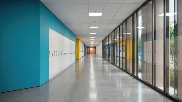 A long brightly colored school hallway with rows of white storage lockers and glass doors leading to a courtyard on a sunny day with school corridor vibrant blue yellow