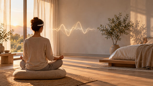 Woman practices biofeedback meditation ritual in serene bedroom with natural light and peaceful atmosphere enhancing calmness