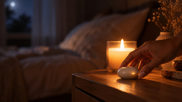 Hand holding biofeedback device near candlelight on wooden table creating calming ritual in cozy bedroom at night