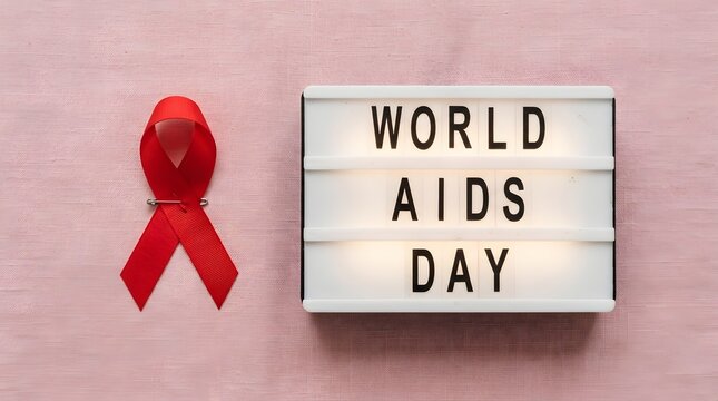World aids day awareness concept with red ribbon and illuminated letter box