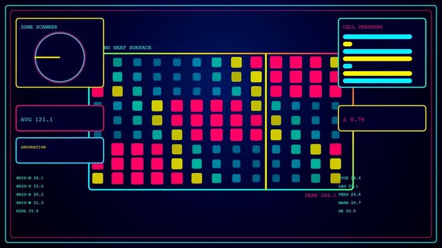 Display of dynamic pricing data shown on a digital interface featuring fluctuating metrics and colorful grid boxes as parameters shift across three distinct monitoring screens