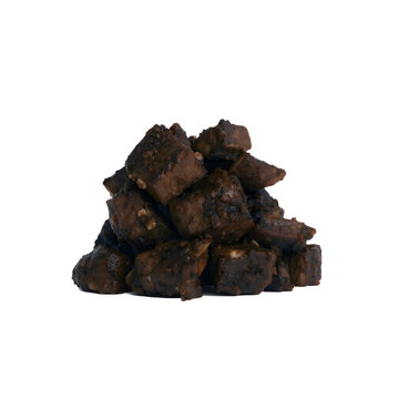 Indonesian beef rendang presented as a compact serving of richly braised beef pieces coated in dark aromatic spice paste, visible coconut and herb textures, glossy caramelized surface.