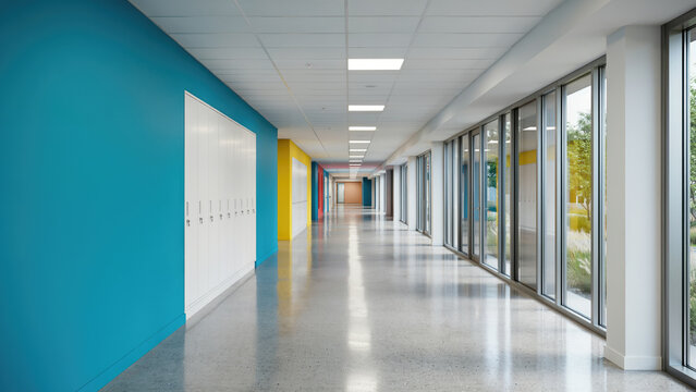 A long brightly colored school hallway with rows of white lockers with overlooking outdoor greenery large windows overlooking empty corridor bright bright blue wall