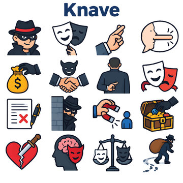 Knave Line Art Icons Set, Medieval Character, Rogue, Villain and Historical Figure Vector Collection