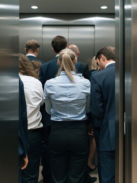 Diverse group of professionals in business attire inside a modern elevator, symbolizing teamwork and corporate life