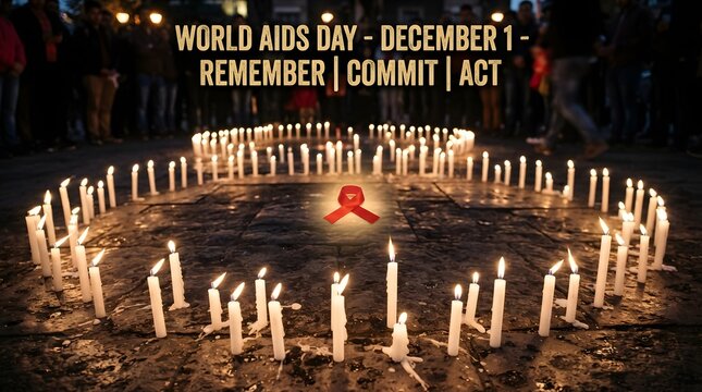 World aids day remembrance with lit candles forming a circle around a red ribbon