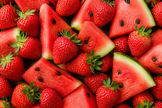 A vibrant arrangement of fresh strawberries and slices of watermelon fills the frame against a black background.