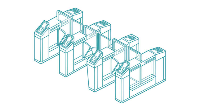 Dynamic Isometric of Multiple Turnstiles with Mobile Scanning Devices in Light Blue Line Art Style