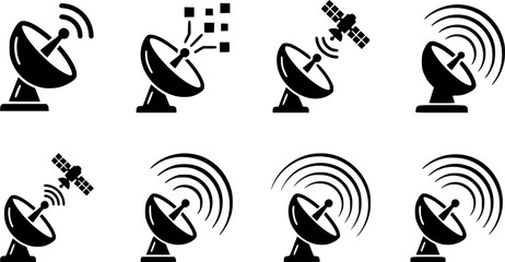 Obraz premium Set of four satellite dish icons representing communication technology and data transmission 