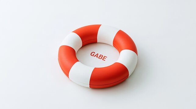 Red and white striped lifebuoy ring with the word GABE embossed on it against a clean white background