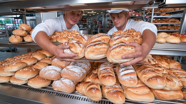 Two bakers proudly displaying fresh baked artisan bread and pastries in a bakery display case