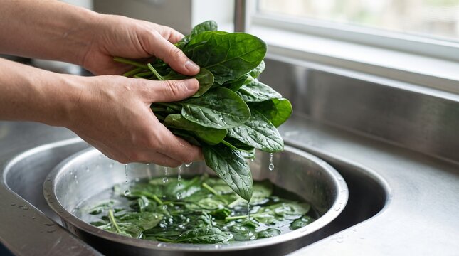 Close up of hands lifting and washing tender organic green baby spinach leaves under flowing kitchen tap water in sink preparing fresh raw salad greens for healthy balanced vegetarian nutrition