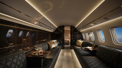 Obraz premium A wide angle view of a luxurious private jet cabin interior with quilted leather seating with warm ambient lighting under vaulted ceiling dark wood paneling with premium