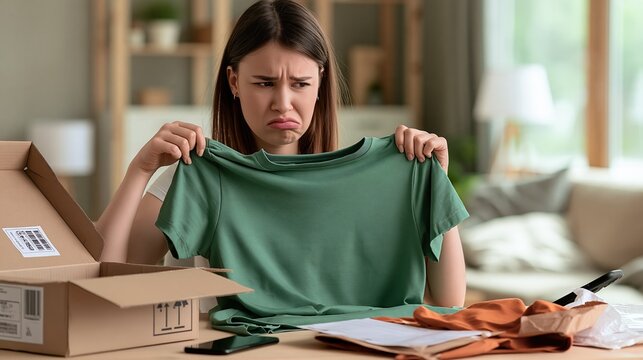 Disappointed Woman Unboxing Online Shopping Delivery, Holding Up Ill-Fitting or Unpleasant T-Shirt