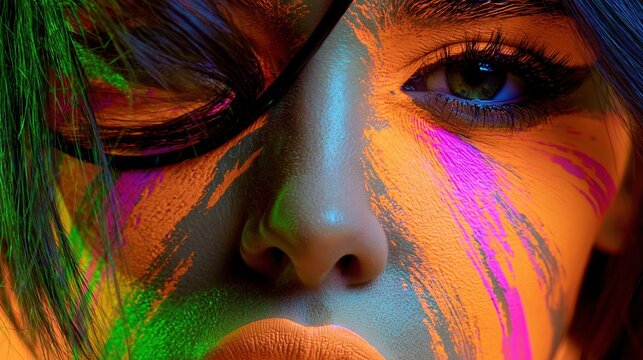 Close-up portrait of a woman with vibrant neon face paint in a dark, atmospheric setting