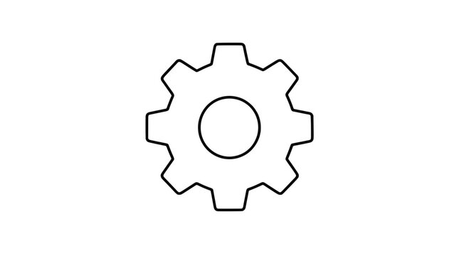 Minimalist black and white gear wheel icon with circular center hole, clean vector illustration of industrial cog with ten teeth, simple mechanical symbol for settings configuration and engineering