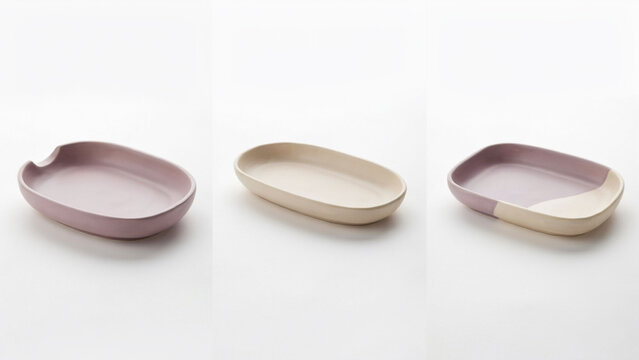Three different ceramic trays in pink and cream tones on a white background