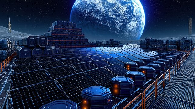 Futuristic lunar base with vast solar panel array and Earthrise in the background, science fiction concept