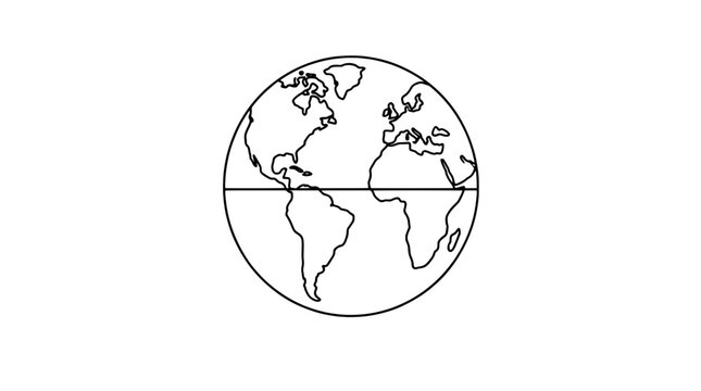 Globe showing continents and equator, black outline hand-drawn vector illustration of Earth with continents and equator line on white background - professional high detailed commercial stock imagery