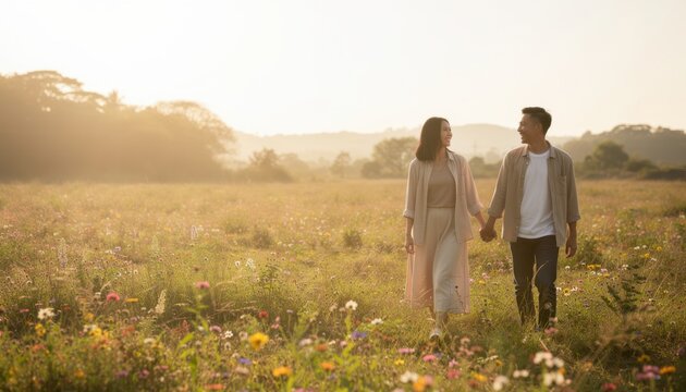 Golden Hour Embrace: A loving couple walks hand-in-hand through a sun-drenched meadow at golden hour, their silhouettes softened by the warm, ethereal light.
