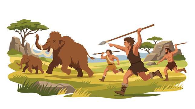 Ancient Primitive Hunters Chasing Mammoths in a Prehistoric Landscape Vector Illustration