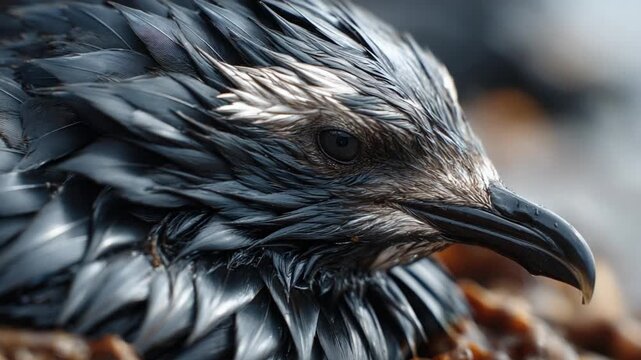 A Bird Covered in Oil: Close-up of a seabird's head, its feathers matted and darkened with crude oil, highlighting the devastating impact of pollution on wildlife.